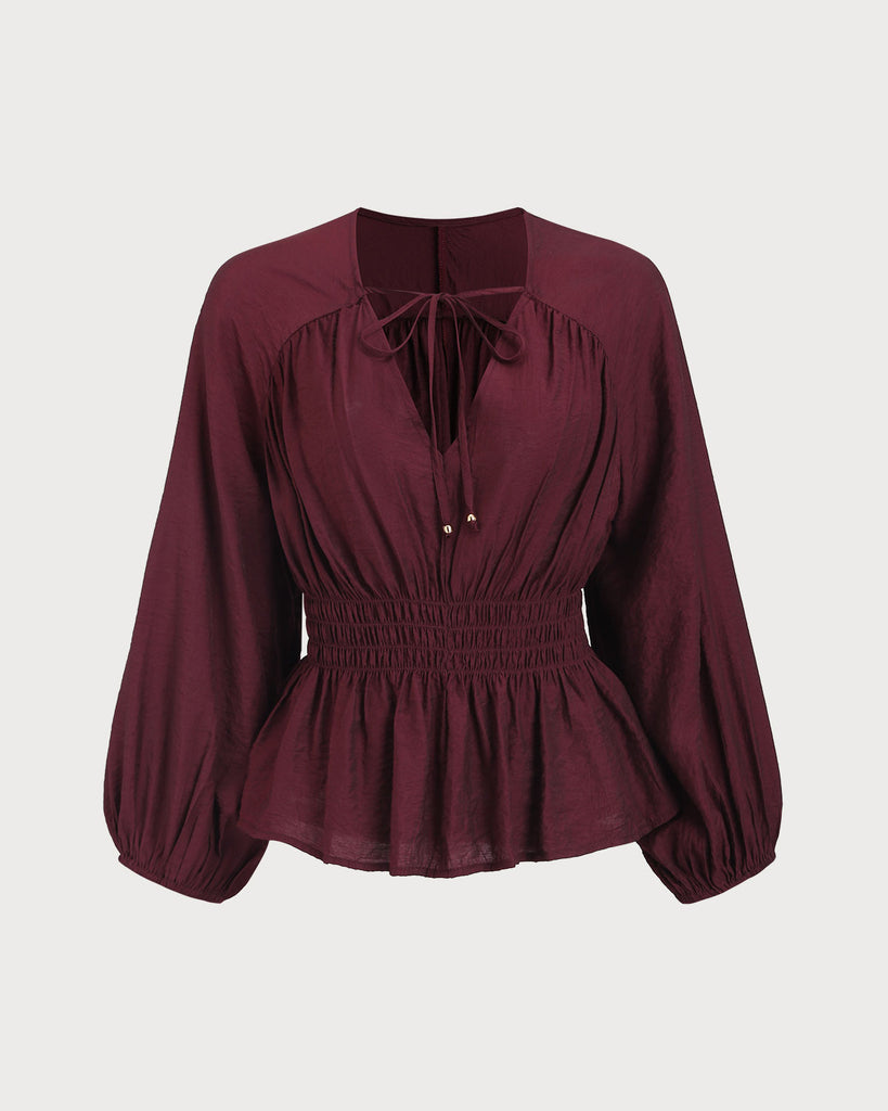 Women's Woven Polyester Top Wine Red Tops - RIHOAS