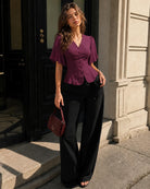 Wine Red V Neck Butterfly Sleeve Tee 01