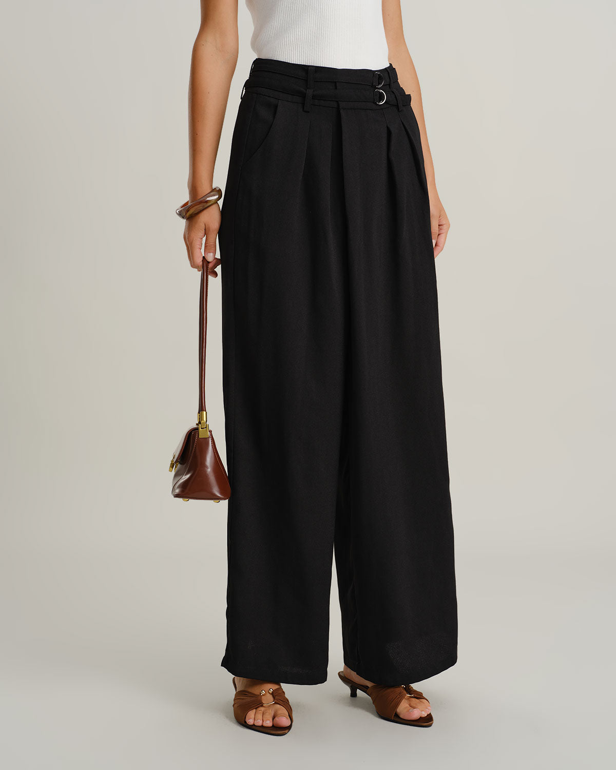 Women's Woven Polyester Trousers Black Bottoms - RIHOAS