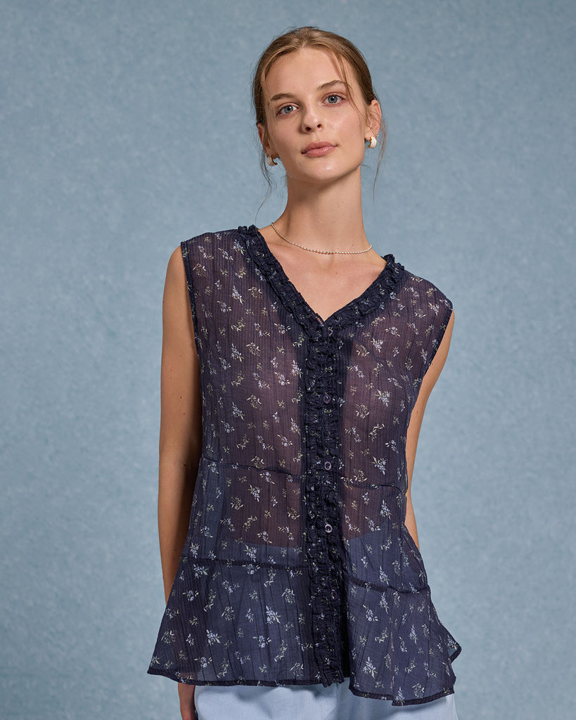 Women's Woven Polyester Vest Blue Tops - RIHOAS