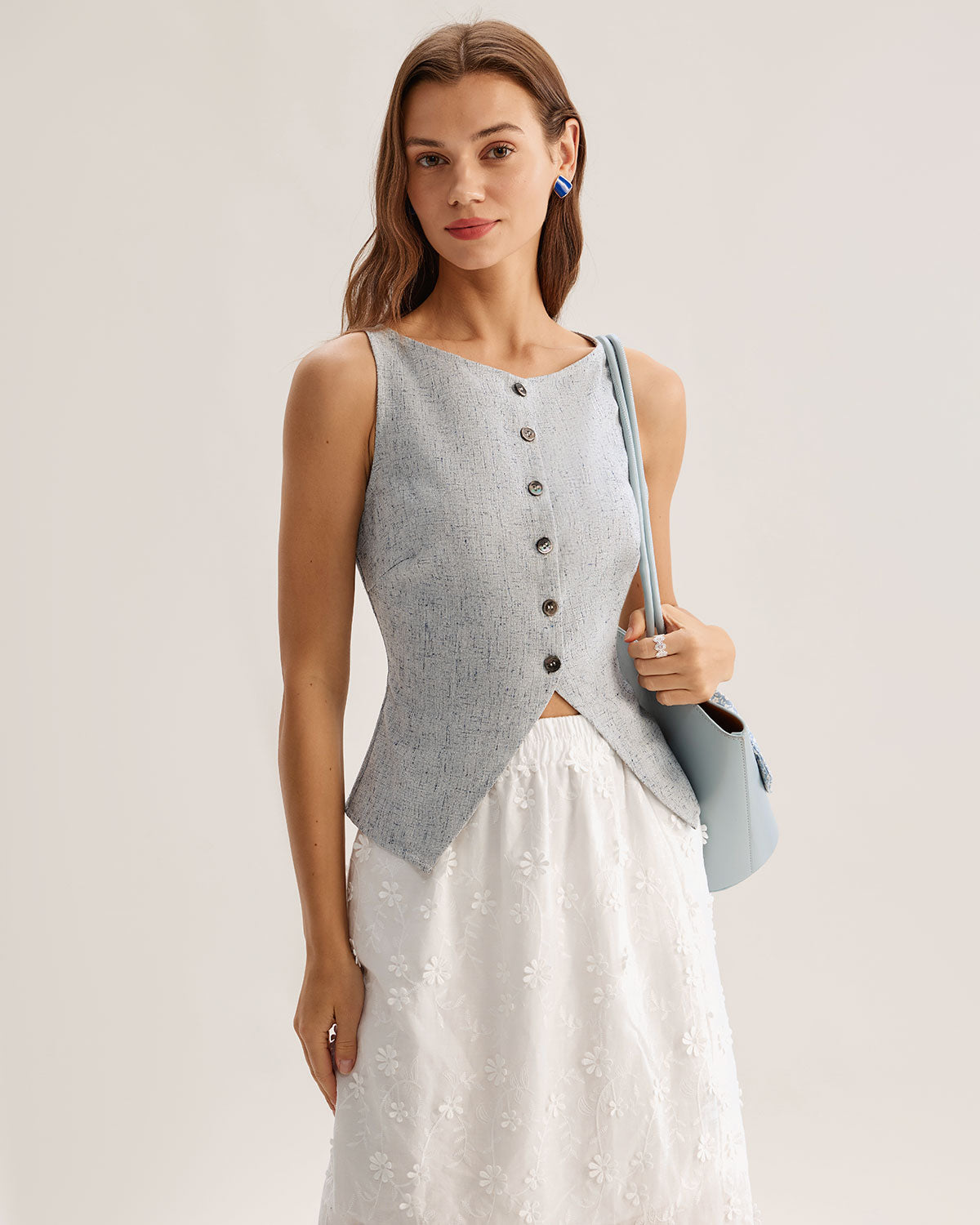 Women's Woven Polyester Vest Blue Tops - RIHOAS