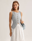 Women's Woven Polyester Vest Blue Tops - RIHOAS