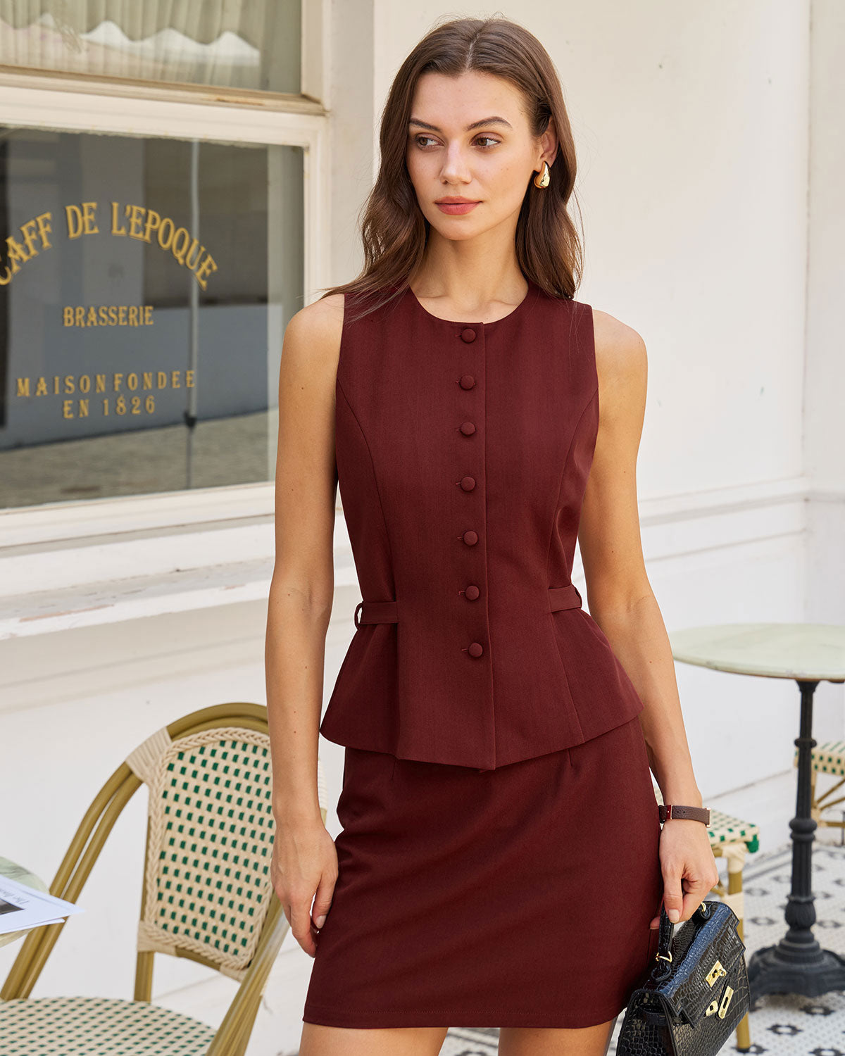 Women's Woven Polyester Vest Brown Tops - RIHOAS