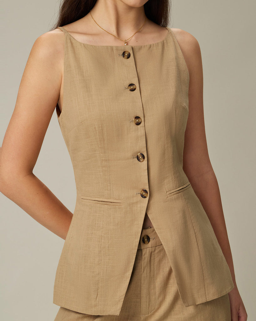 Women's Woven Polyester Vest Brown Tops - RIHOAS