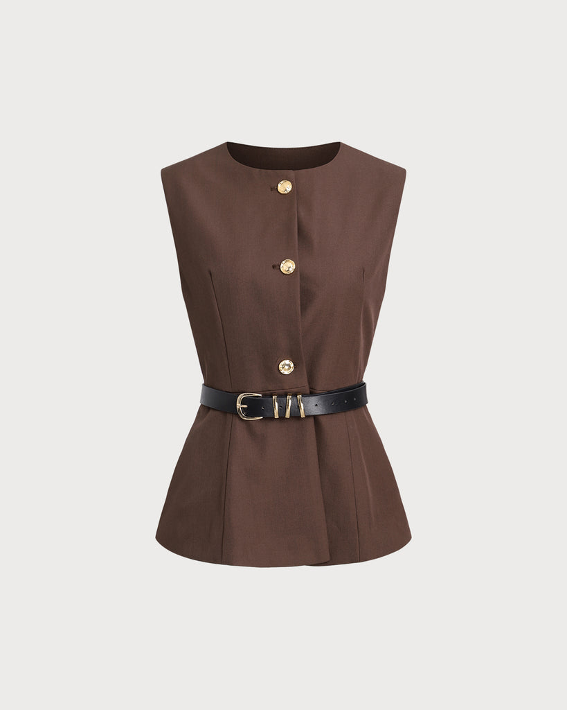 Women's Woven Polyester Vest Brown Tops - RIHOAS