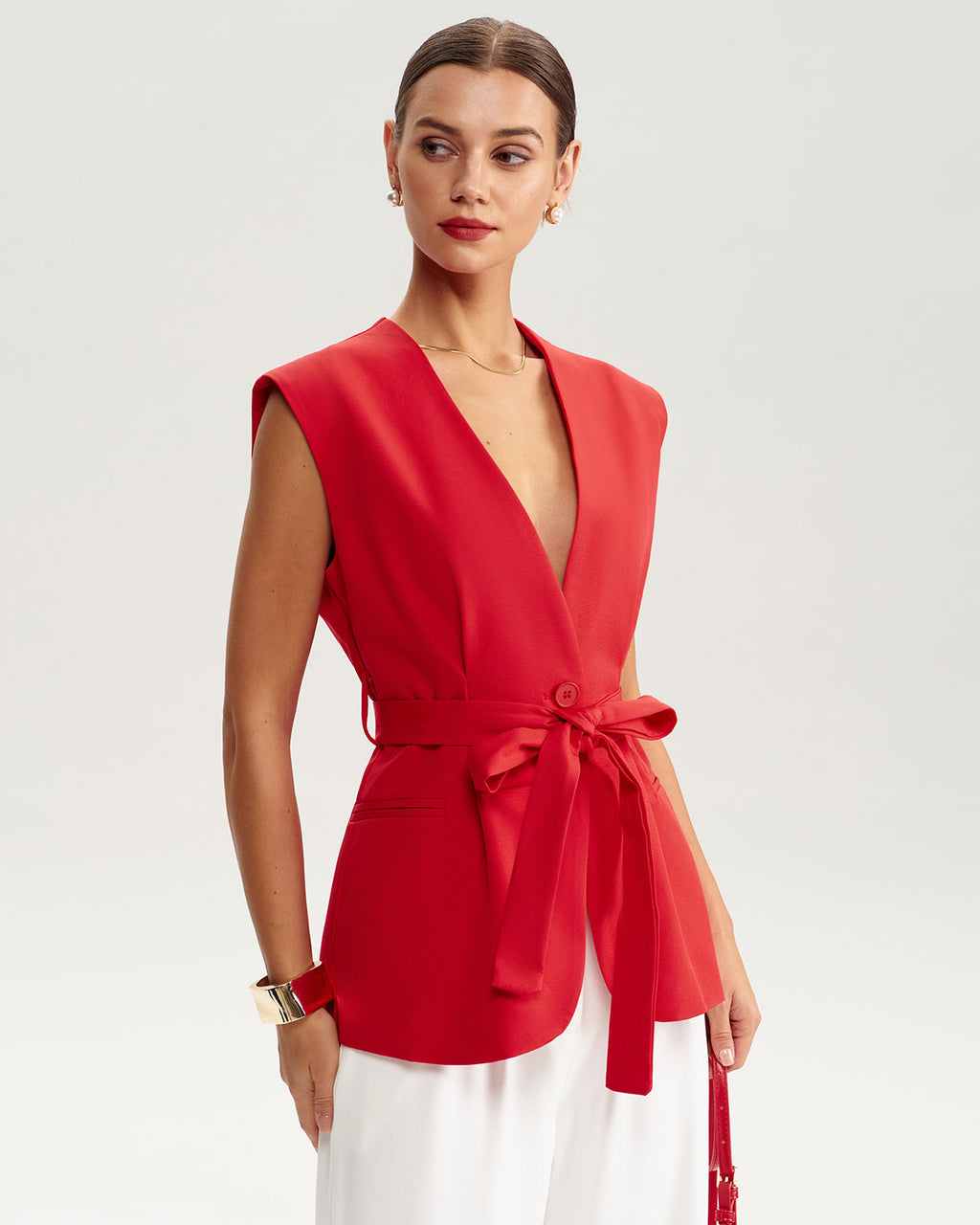 Women's Woven Polyester Vest Red Tops - RIHOAS