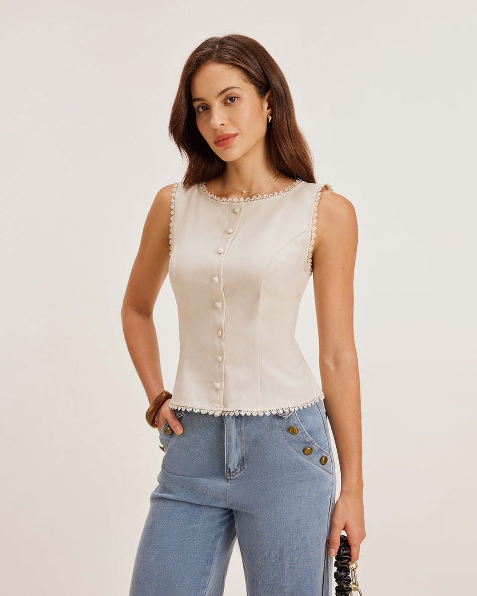 Apricot boat neck button vest, a business casual blazer alternative for women