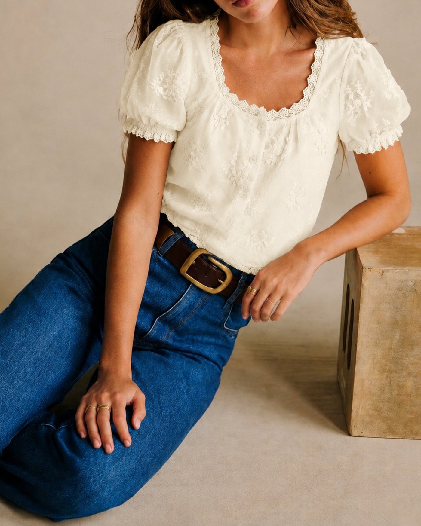Apricot Square Neck Floral Button Tee 04