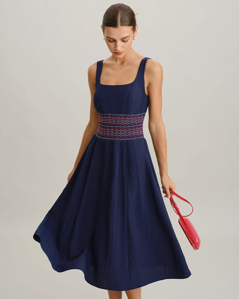 Women's Woven Viscose Midi Dress Blue Dresses - RIHOAS