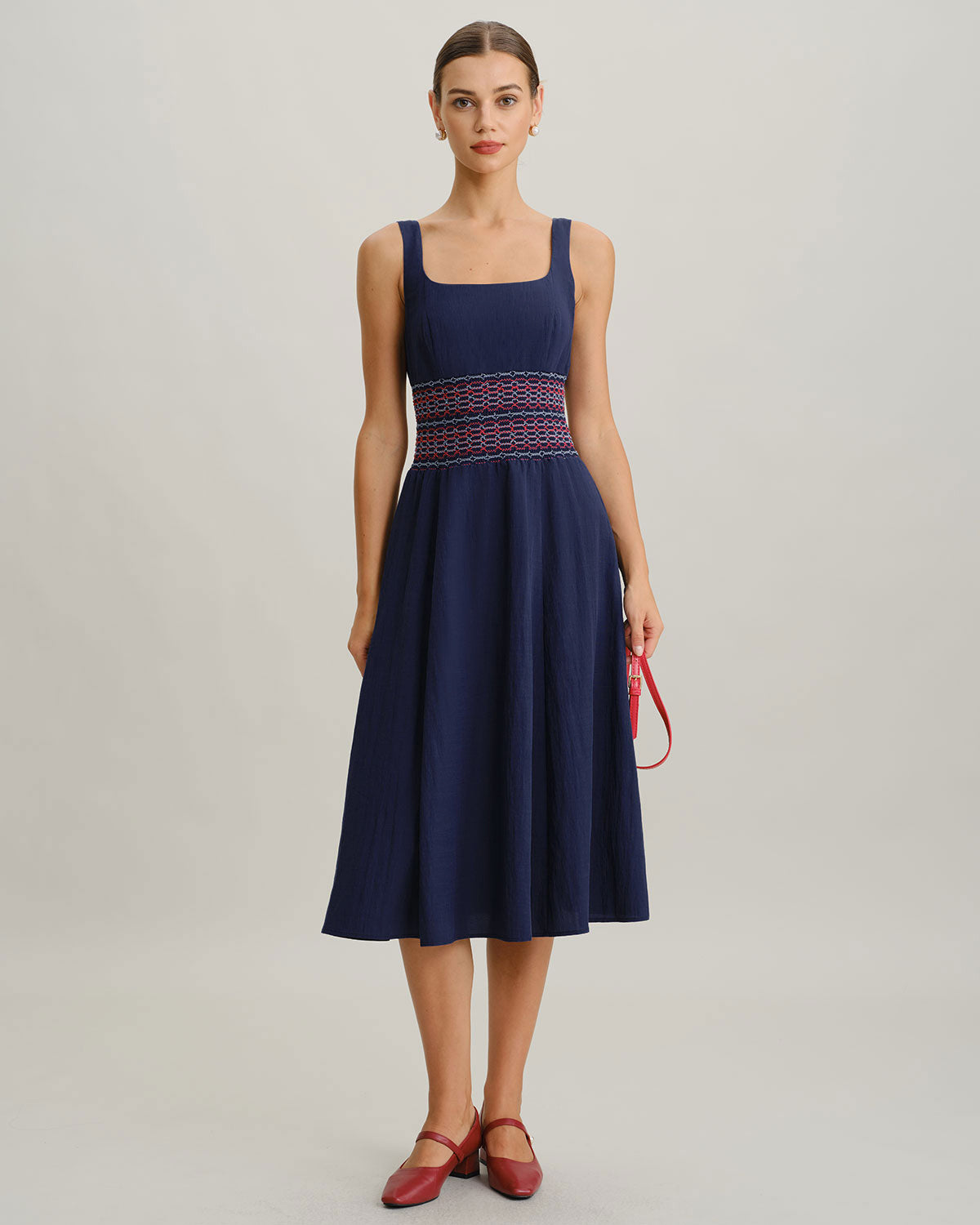 Blue Square Neck Shirred Slip Midi Dress