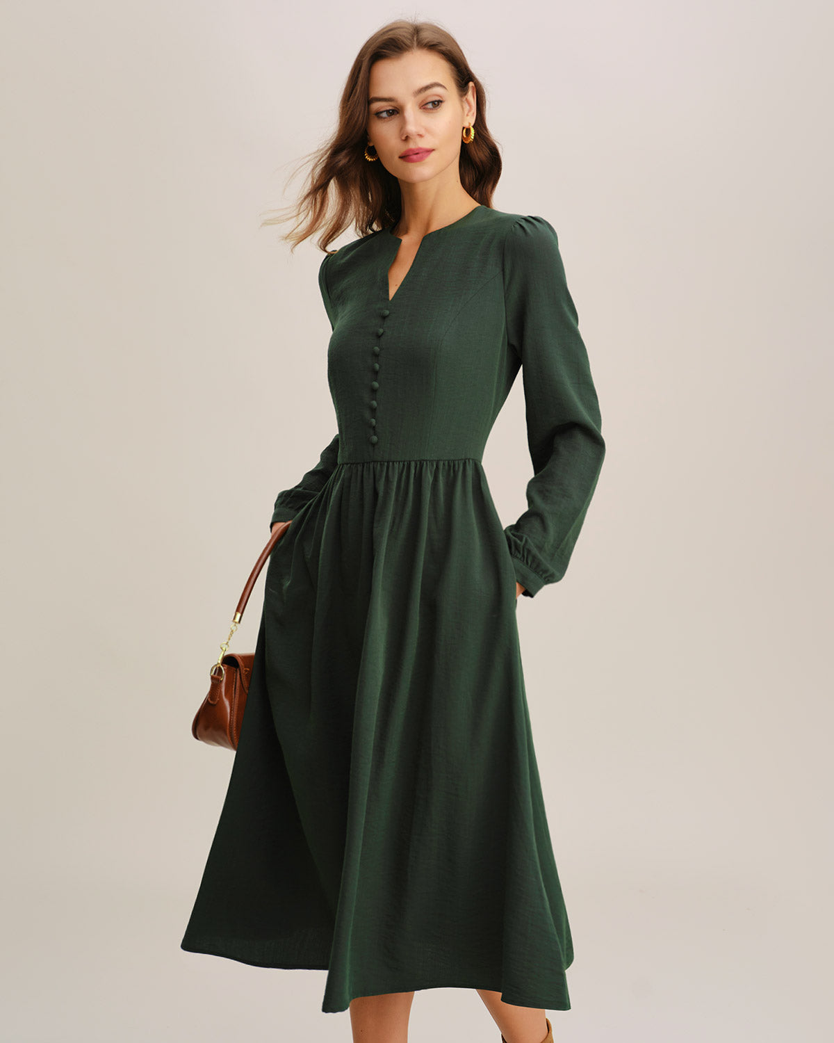 Women's Woven Viscose Midi Dress Green Dresses - RIHOAS