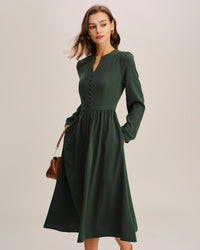 Women's Woven Viscose Midi Dress Green Dresses - RIHOAS