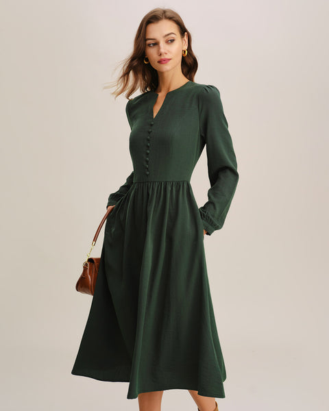 Green A-Line Pleated Midi Dress & Reviews - Green - Dresses