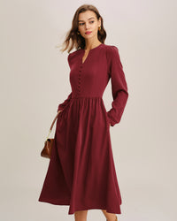 Women's Woven Viscose Midi Dress Red Dresses - RIHOAS