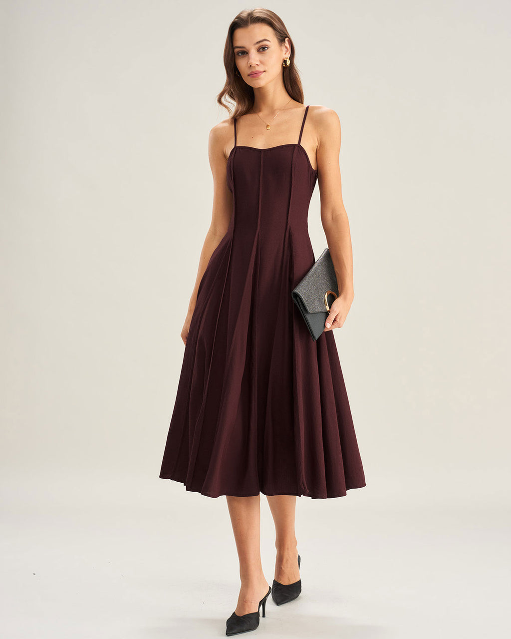 Women's Woven Viscose Midi Dress Wine Red Dresses - RIHOAS