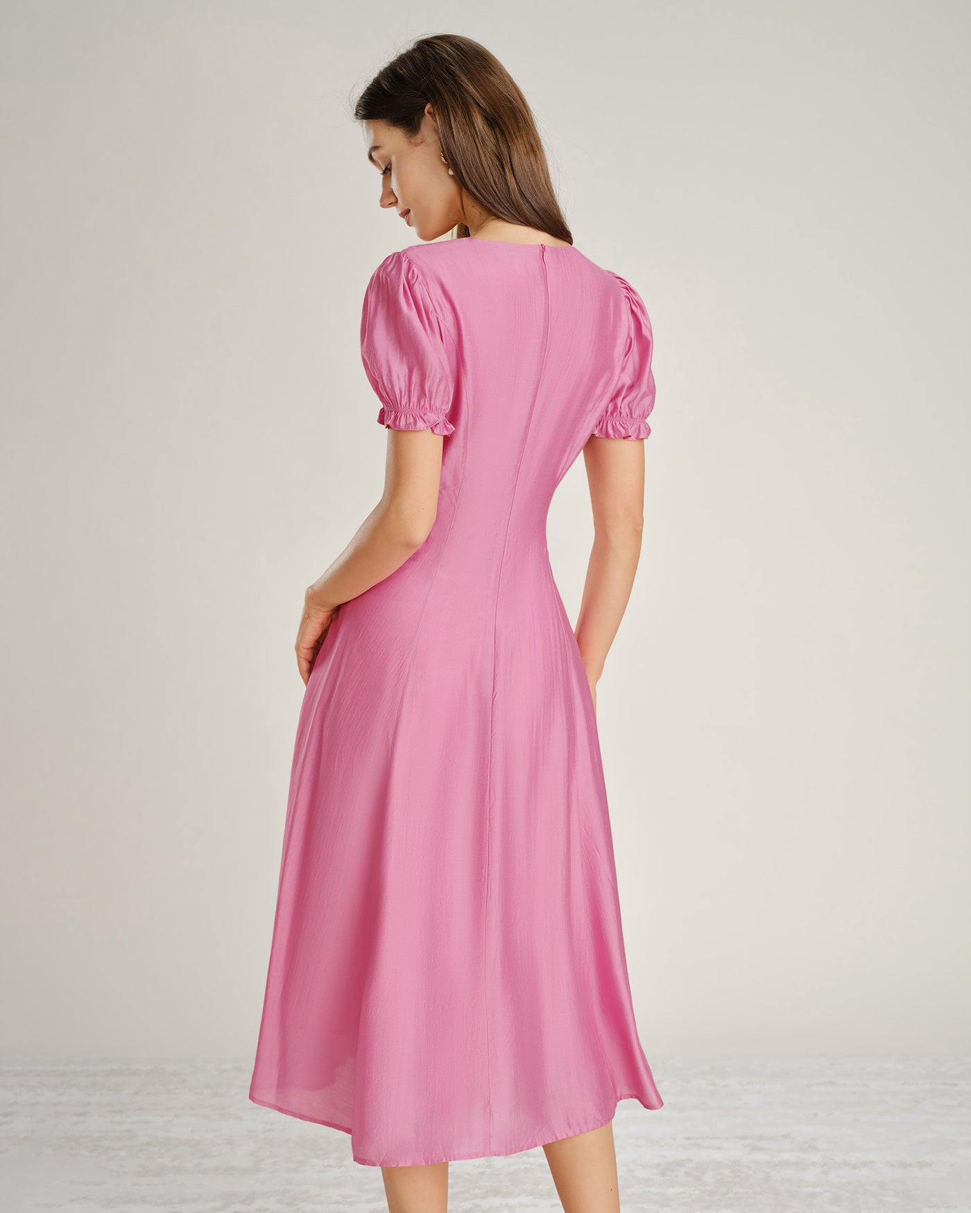 pink midi dresses for women Pink Puffed Sleeve Sheer Midi Dress