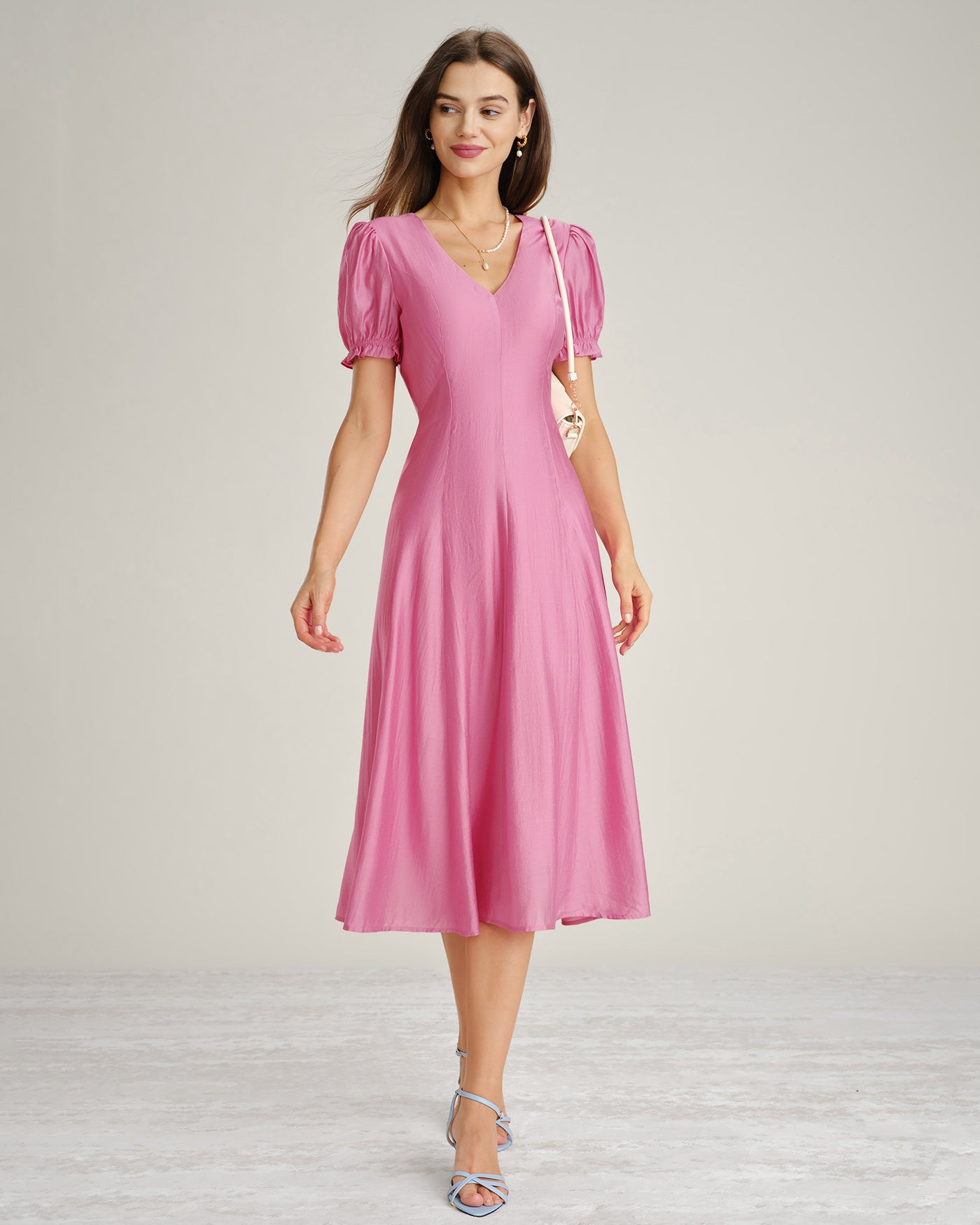 Rihoas Pink Puffed Sleeve Sheer Midi Dress for women, Pink / M
