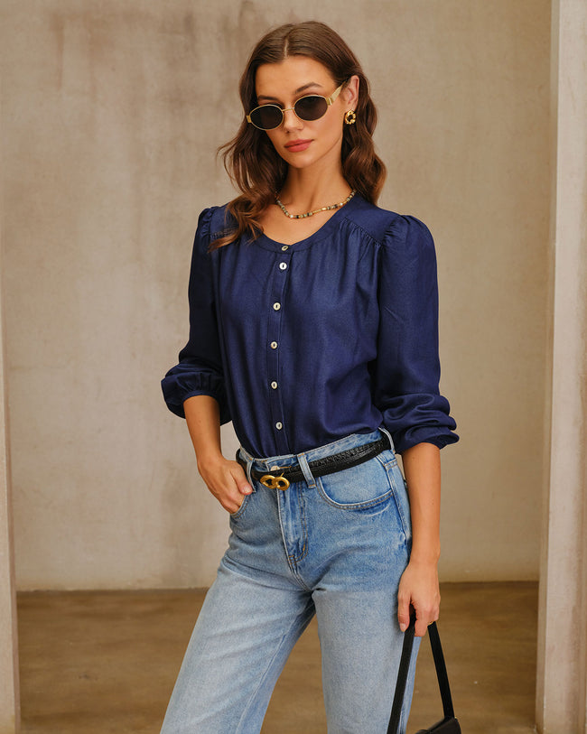 Women's Woven Viscose Shirt Navy Tops - RIHOAS
