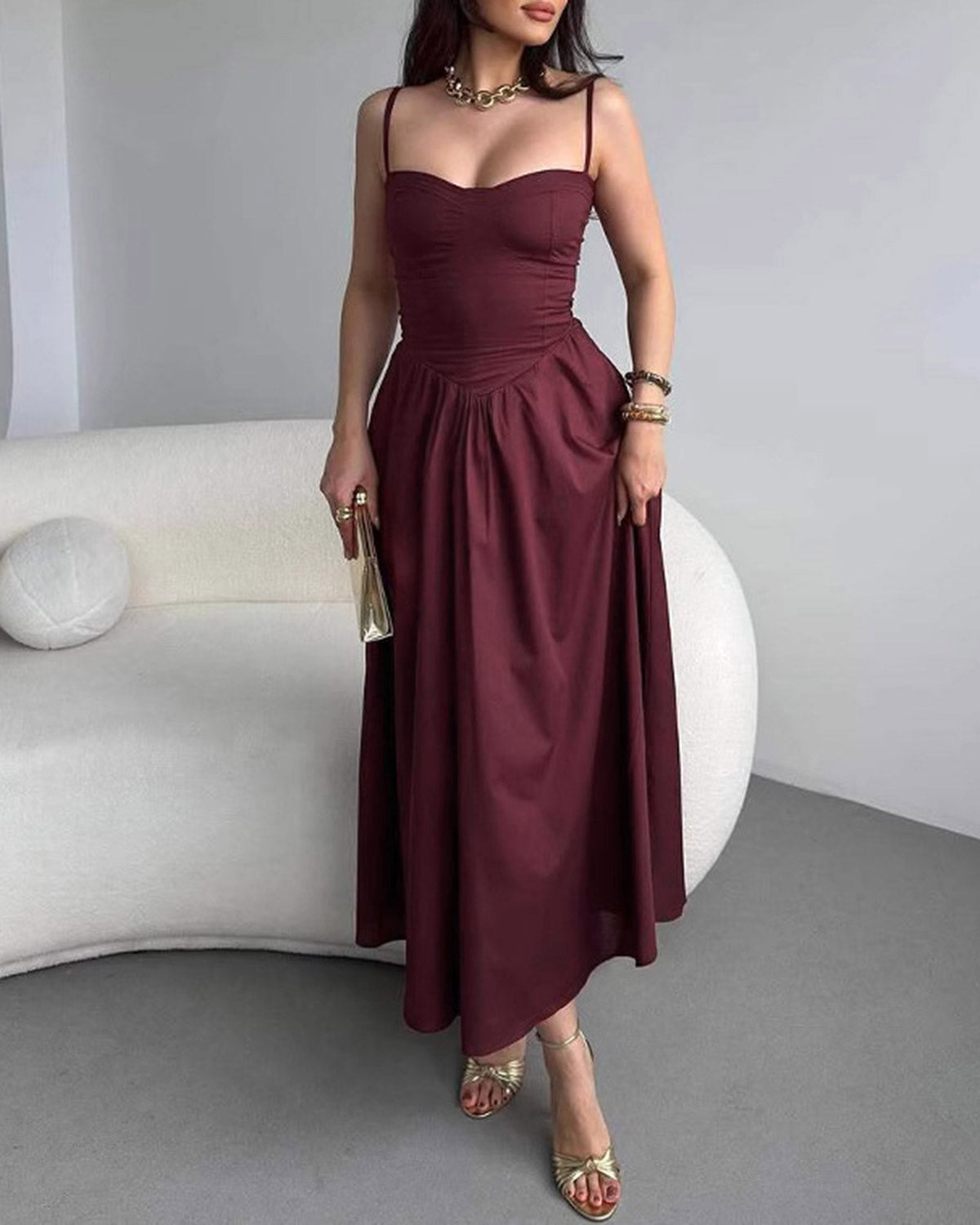 Womens' Woven Polyester Maxi Dress Wine Red Dresses - RIHOAS
