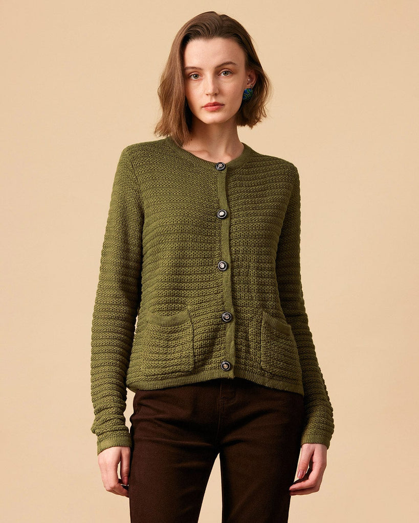 The Dual Pockets Sweater Cardigan Green Tops - RIHOAS