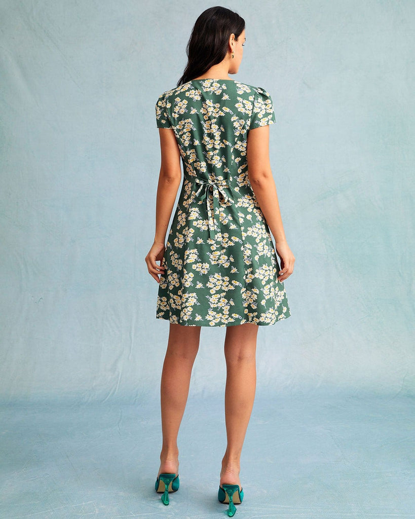 The Green Collared Floral Mini Dress Dresses - RIHOAS