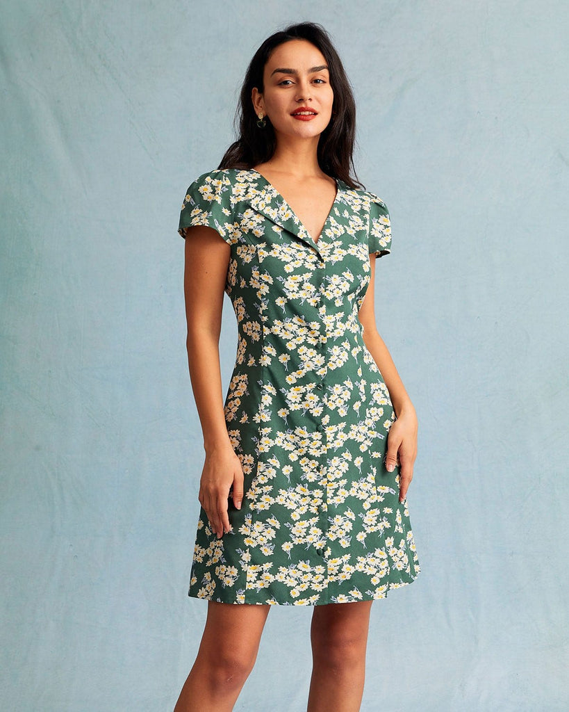 The Green Collared Floral Mini Dress Dresses - RIHOAS