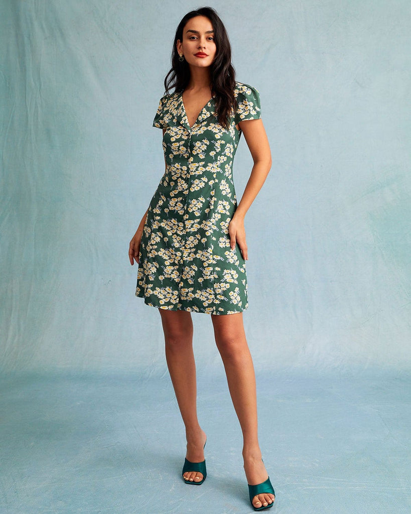 The Green Collared Floral Mini Dress Dresses - RIHOAS