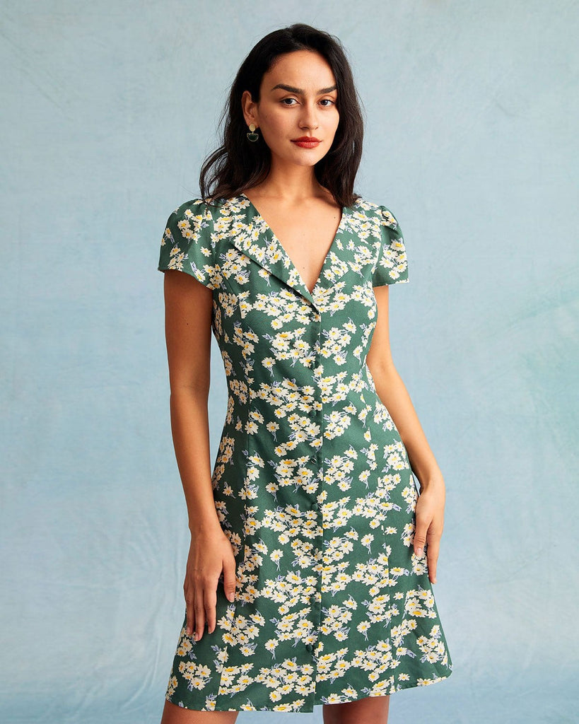 The Green Collared Floral Mini Dress Dresses - RIHOAS