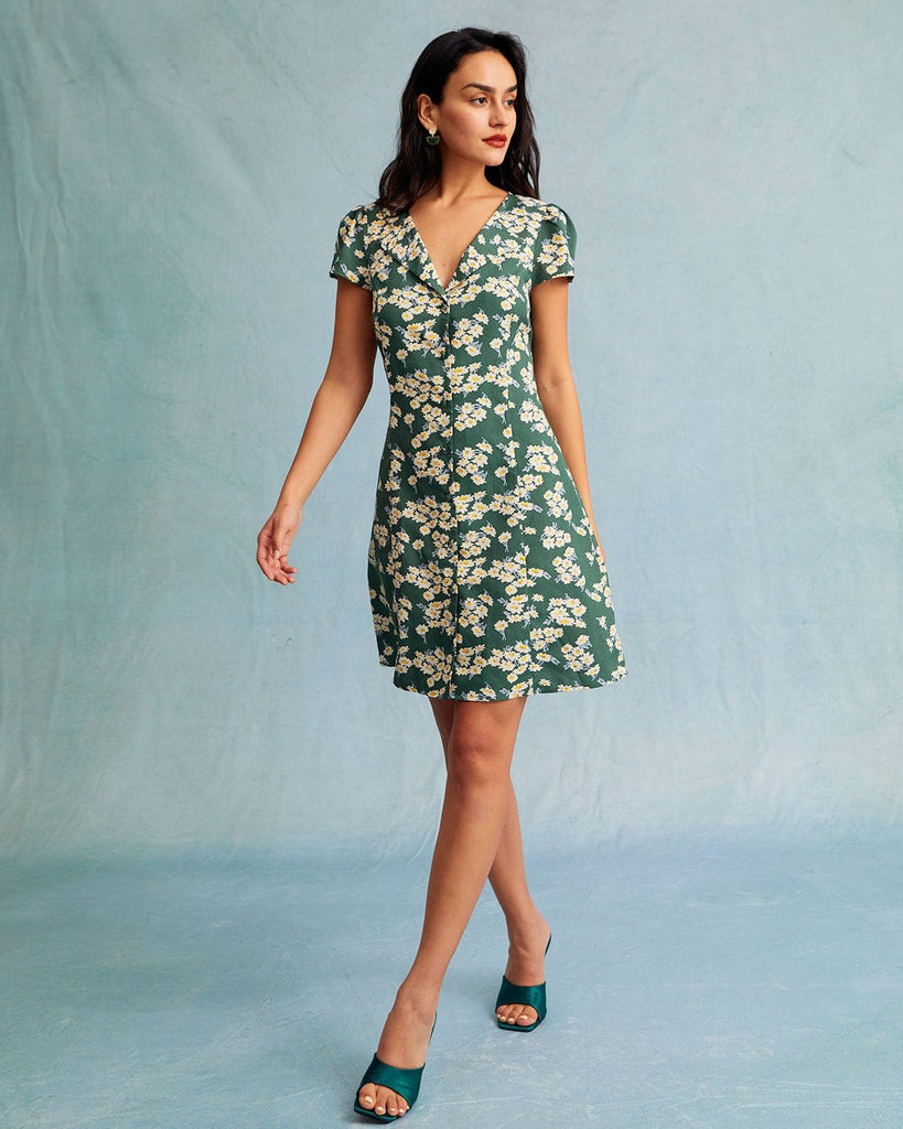 The Green Collared Floral Mini Dress Dresses - RIHOAS