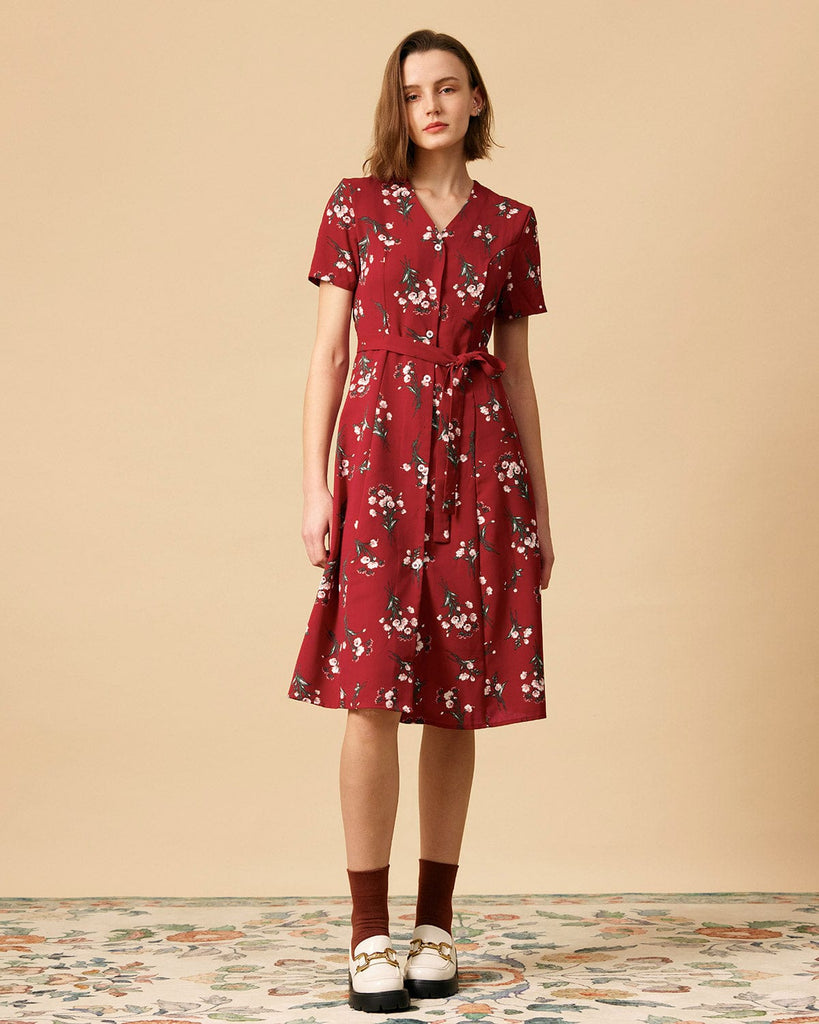 The V Neck Knotted Floral Midi Dress - RIHOAS