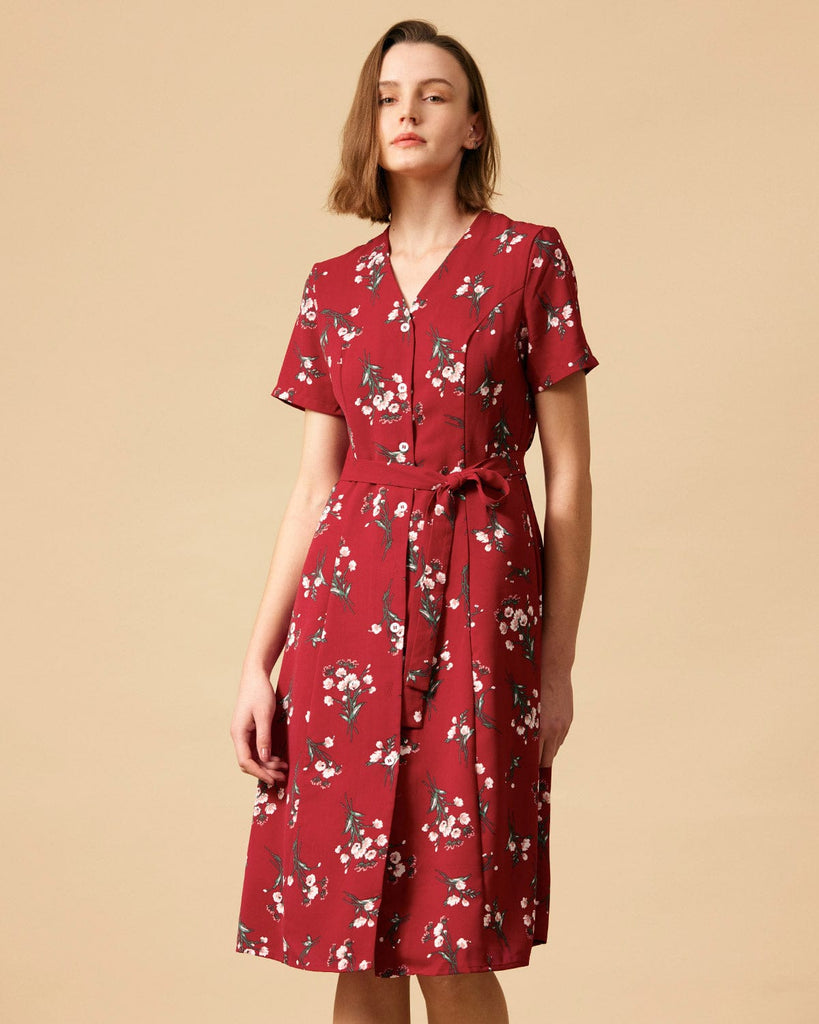 The V Neck Knotted Floral Midi Dress - RIHOAS