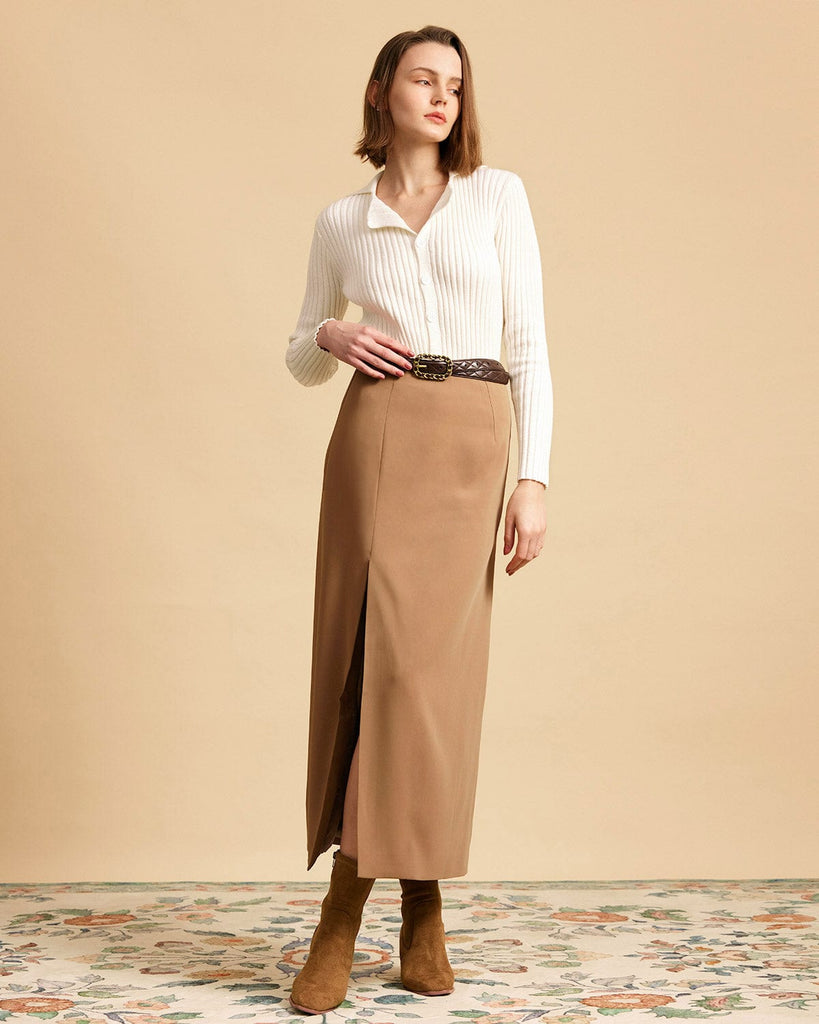The Solid High Waisted Side Slit Skirt - RIHOAS