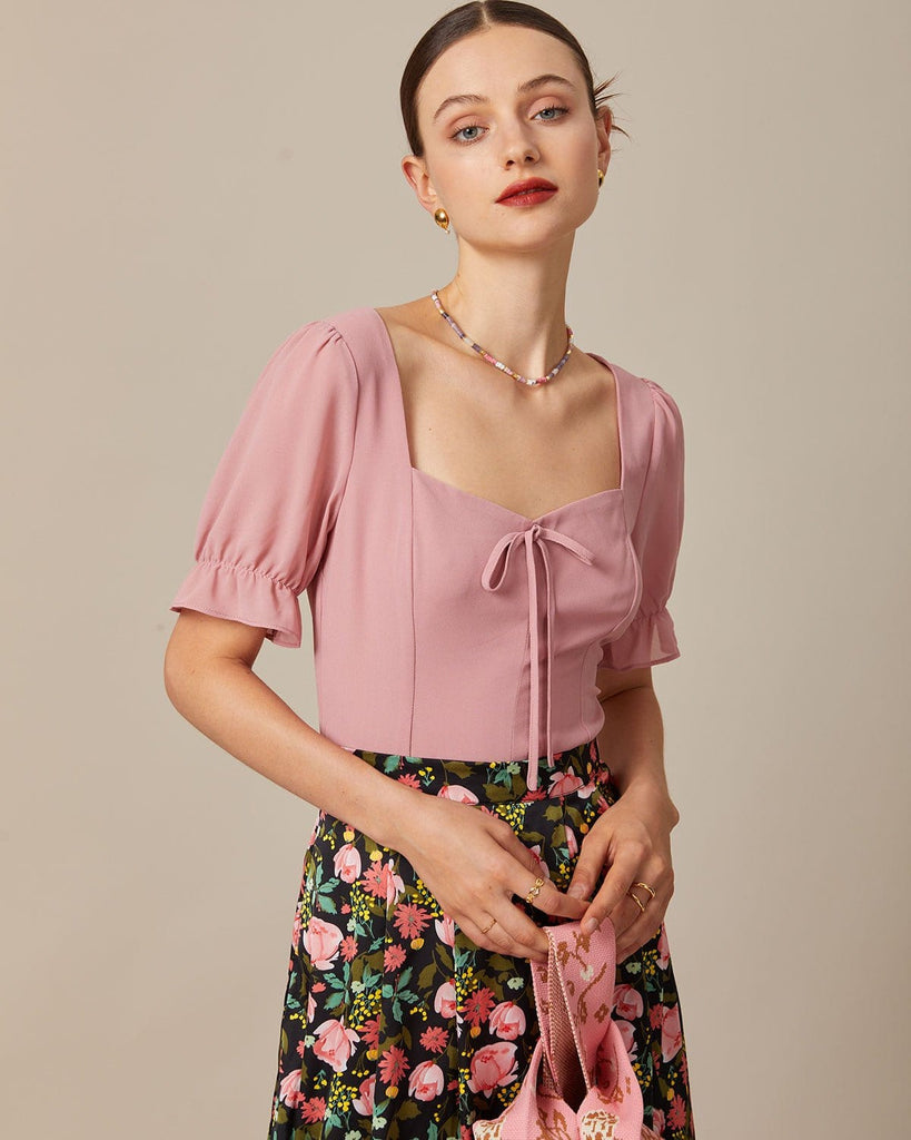 The Sweetheart Neck Tie Font Blouse Pink Tops - RIHOAS