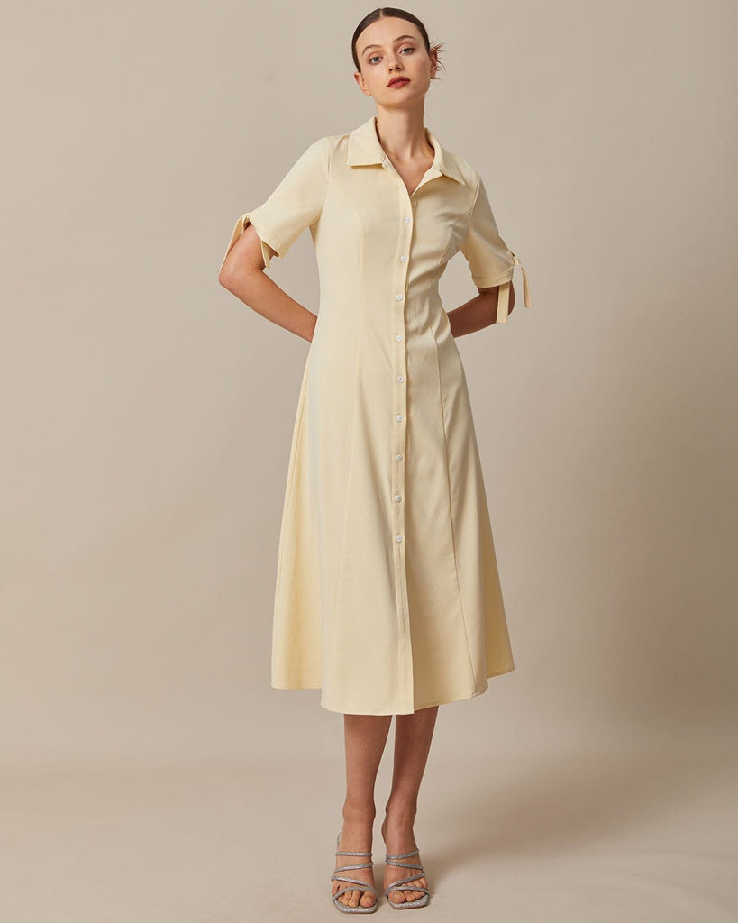 The Light Yellow Lapel Knot Cuff Midi Dress - RIHOAS