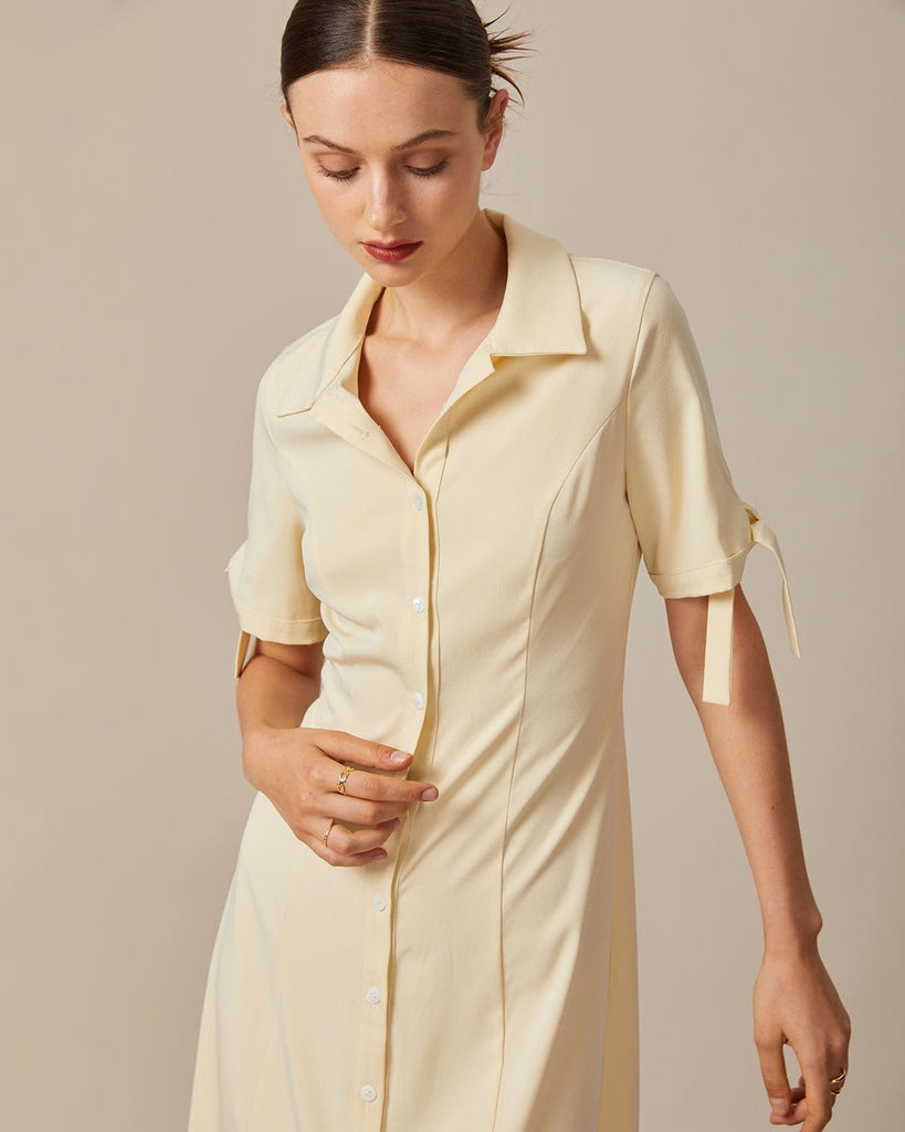 The Light Yellow Lapel Knot Cuff Midi Dress - RIHOAS