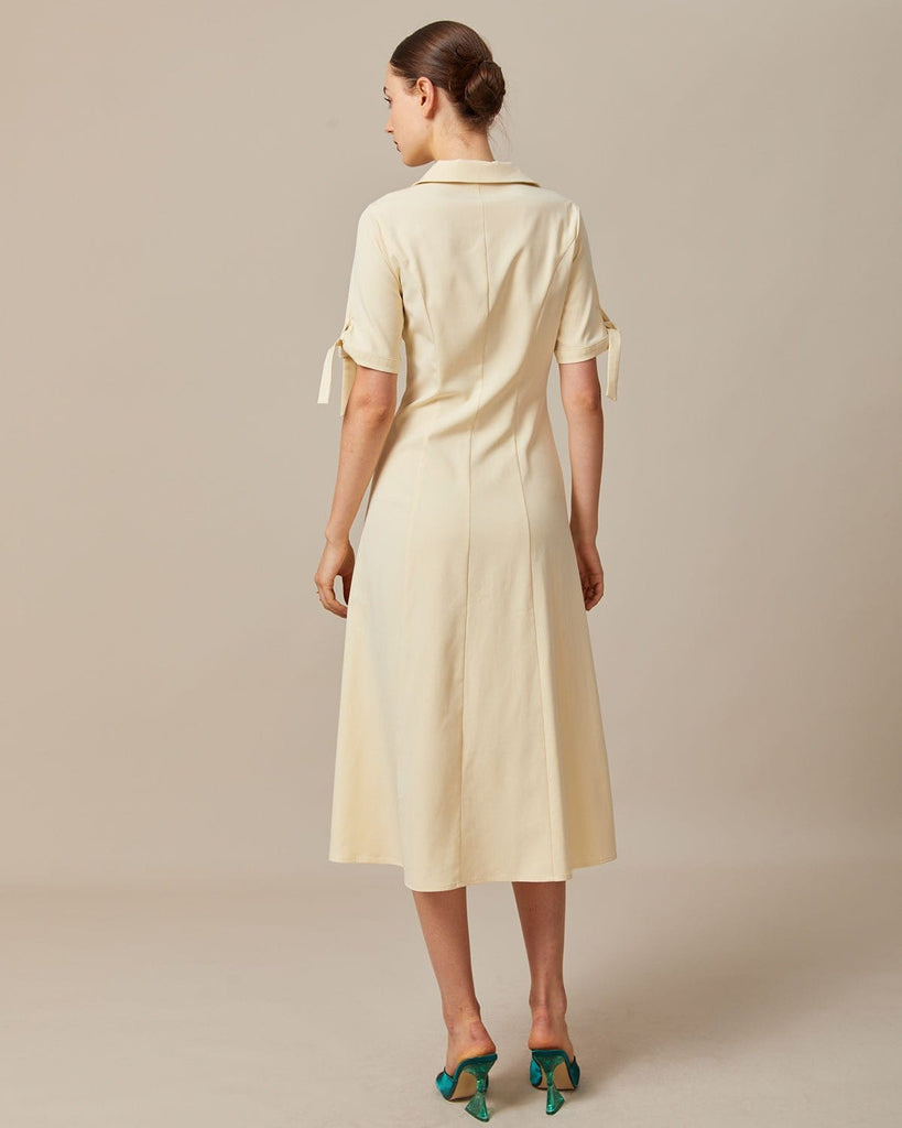 The Light Yellow Lapel Knot Cuff Midi Dress - RIHOAS