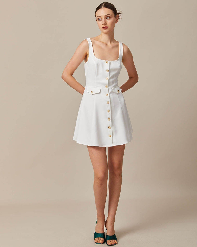 The White U Neck A-line Mini Dress White Dresses - RIHOAS