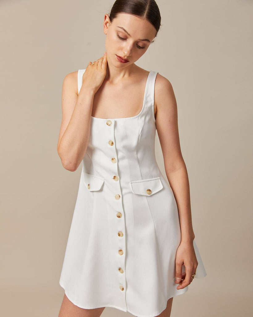The White U Neck A-line Mini Dress White Dresses - RIHOAS