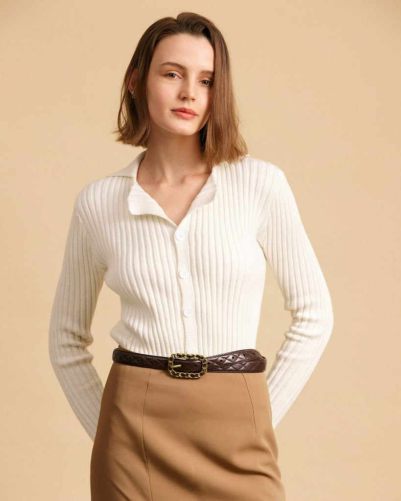 The Solid Collared Ribbed Knit Tops - RIHOAS