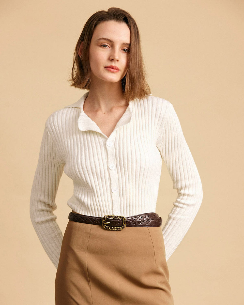 The Solid Collared Ribbed Knit Tops - Collared Rib Long Sleeve Button ...