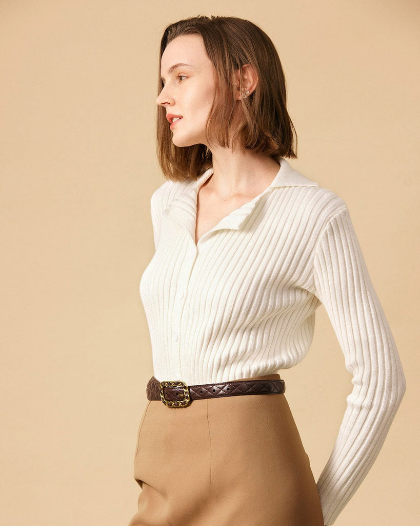 The Solid Collared Ribbed Knit Tops - RIHOAS