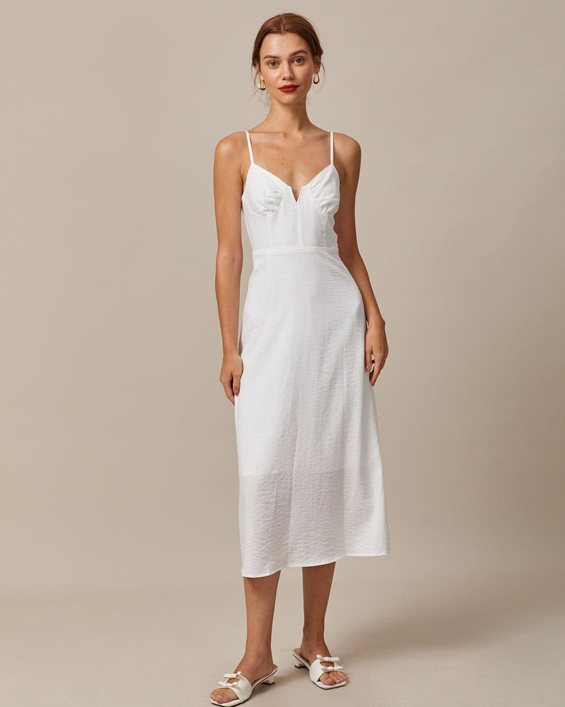 The White Deep V Neck Ruched Midi Dress - RIHOAS