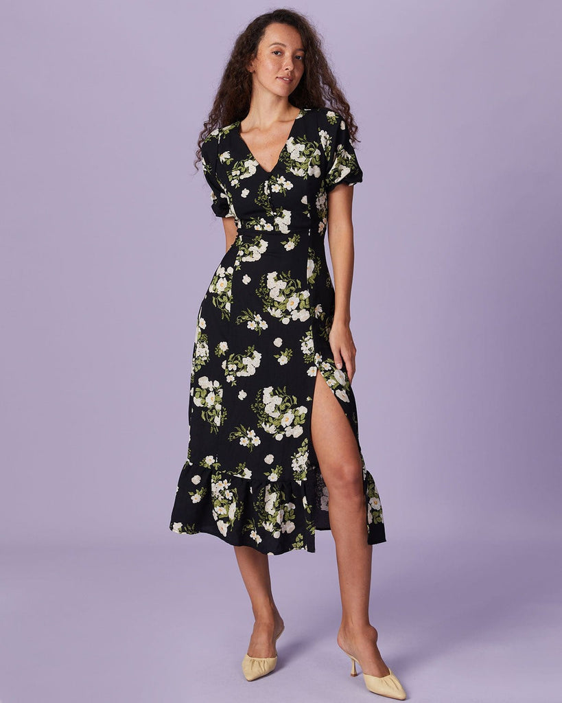 The Black V-Neck Floral Slit Midi Dress Dresses - RIHOAS