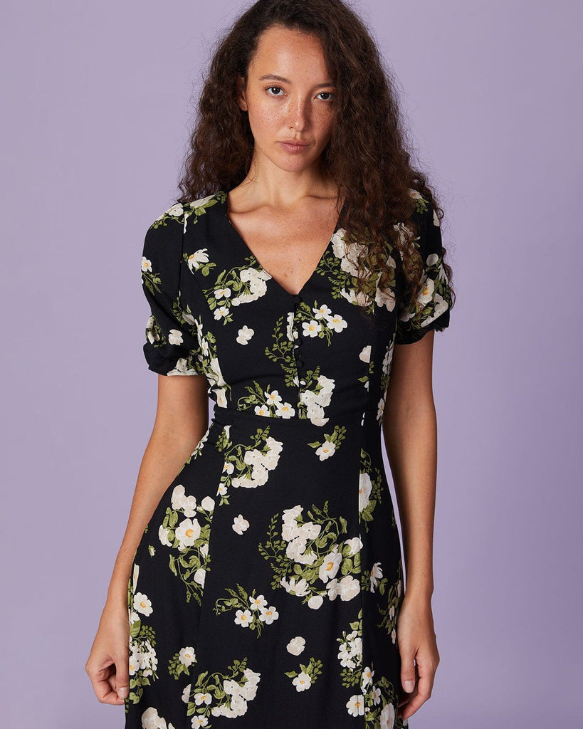 The Black V-Neck Floral Slit Midi Dress Dresses - RIHOAS