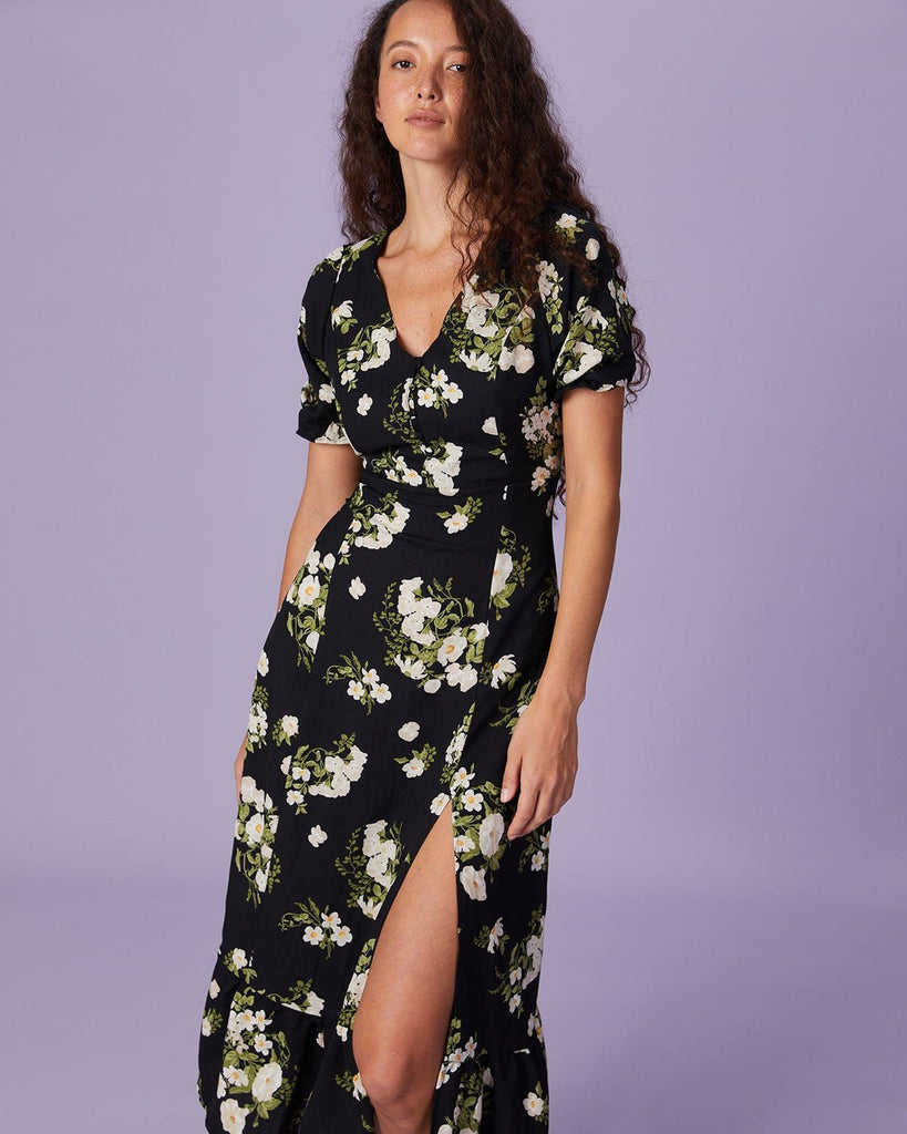 The Black V-Neck Floral Slit Midi Dress Dresses - RIHOAS