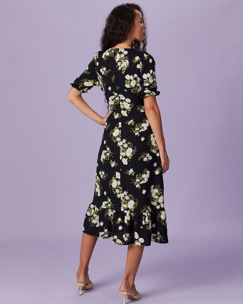 The Black V-Neck Floral Slit Midi Dress Dresses - RIHOAS