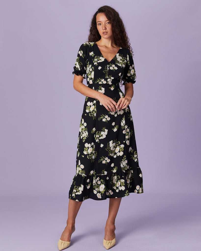The Black V-Neck Floral Slit Midi Dress Dresses - RIHOAS
