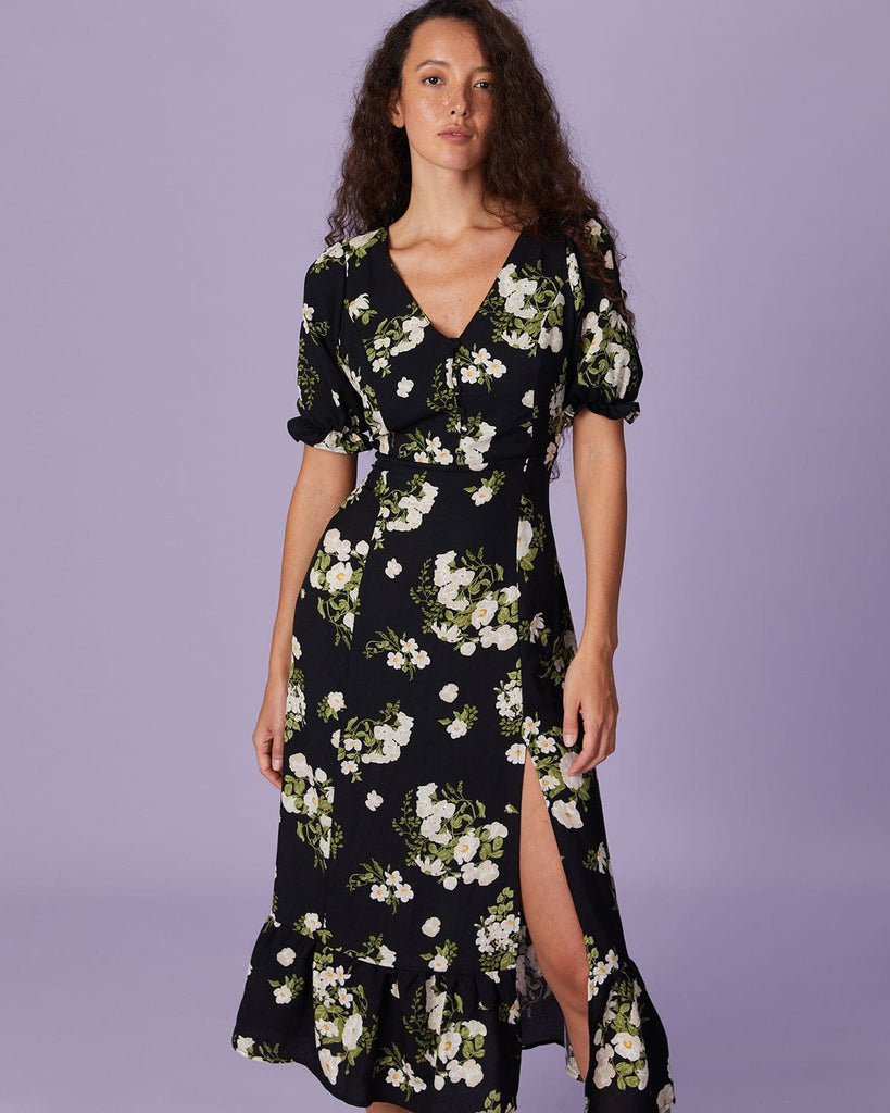The Black V-Neck Floral Slit Midi Dress Dresses - RIHOAS