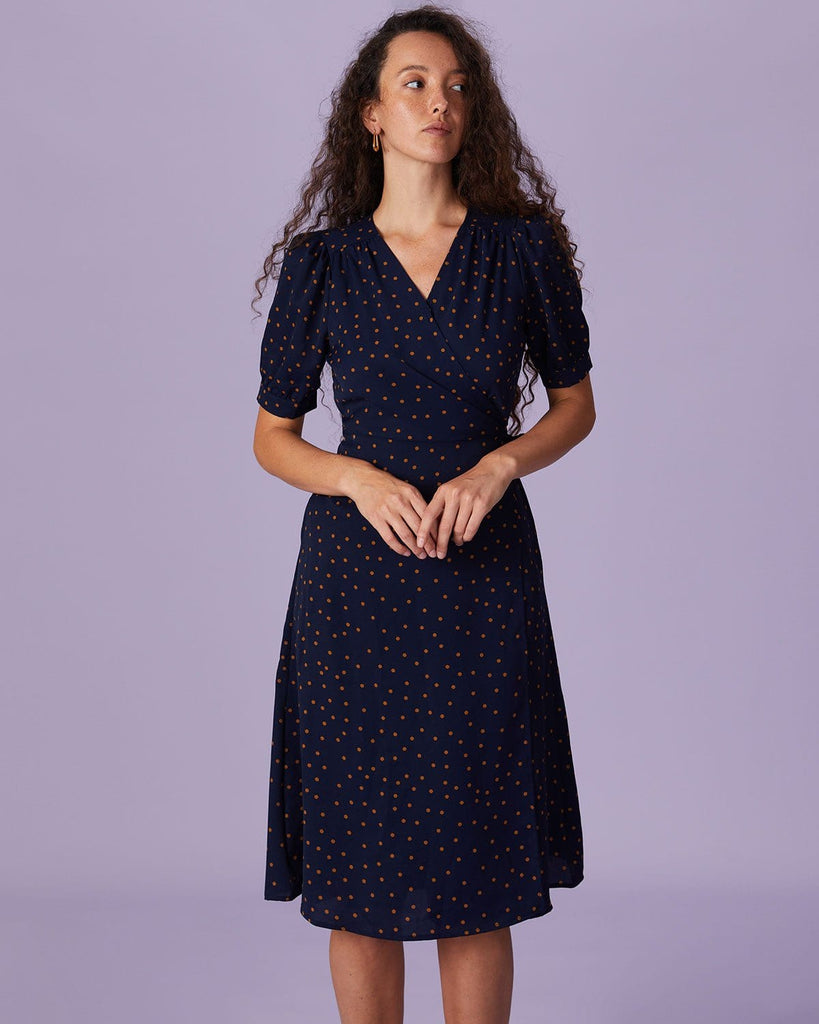 The Navy Polka Dot Wrap Midi Dress Navy Dresses - RIHOAS