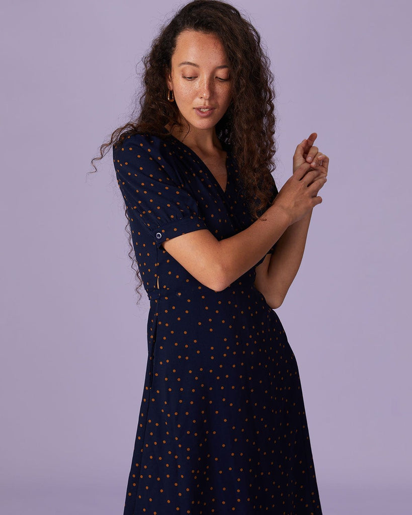 The Navy Polka Dot Wrap Midi Dress Navy Dresses - RIHOAS